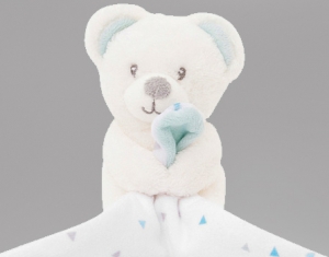 Peluche ours avec doudou blanc et bleu