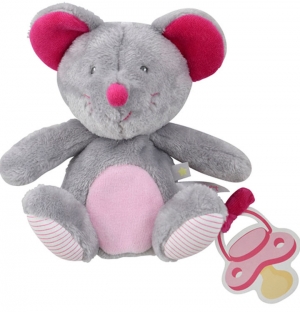 Souris rose et grise peluche attache tétine Sucre d'Orge