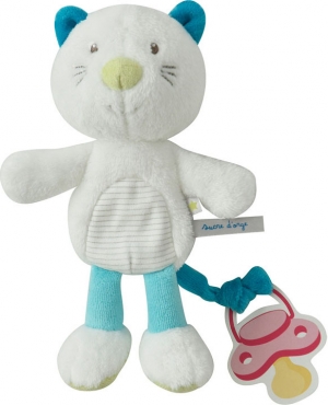 Chat blanc et bleu peluche attache tétine Sucre d'Orge