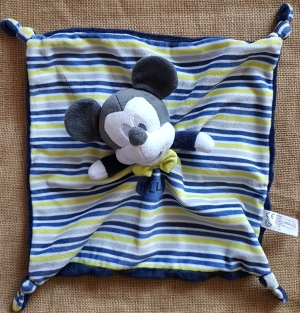 Doudou Mickey rayé bleu jaune gris blanc HELLO Disney Baby, Nicotoy, Prémaman