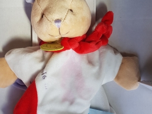 Lapin doudou marionnette rouge et blanc BN0284 sos