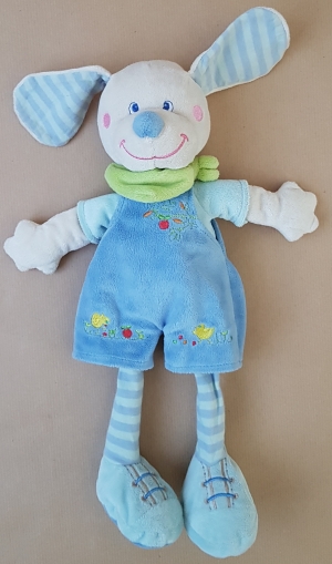 Doudou peluche chien bleu salopette, jambes rayées Mots d'enfant - Leclerc