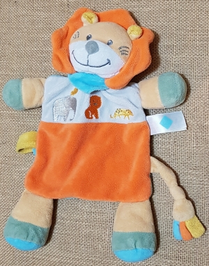 Doudou plat attache-tétine lion orange, jaune et bleu Tex Baby