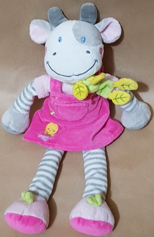Doudou vache robe rose, écharpe verte, jambes rayées 35 cm Kiabi - Kitchoun, Nicotoy