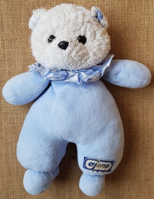 Peluche ours bleu et blanc collerette rayée Ajena, Vintage
