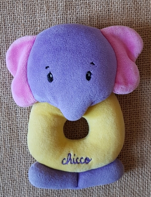 Doudou hochet éléphant violet et jaune Chicco, Vintage