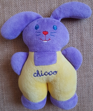 Doudou lapin violet et jaune Chicco, Vintage