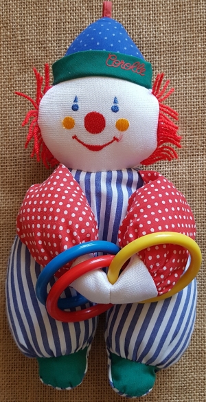 Doudou clown rouge et bleu Corolle, Vintage