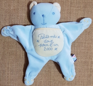 Doudou ours bleu et blanc semi-plat Petits mots doux pour l'an 2000 Sucre d'Orge