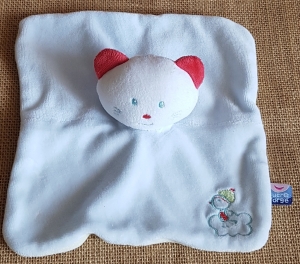 Doudou chat ours bleu et vert oiseau brodé Sucre d'Orge