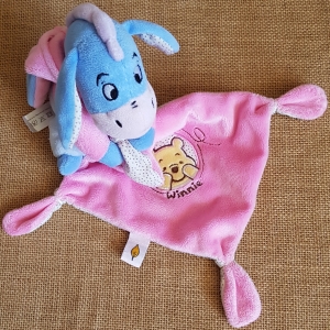 Doudou Bourriquet rose et bleu capuche et mouchoir Disney Baby, Nicotoy, Simba Toys (Dickie)