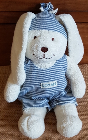 Peluche lapin blanc salopette rayée bleue The Baby Collection Nicotoy, Baby Club