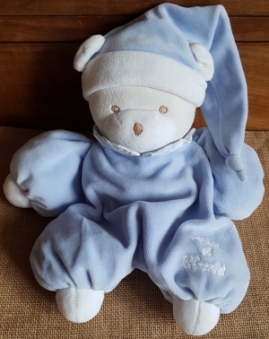 Peluche ours bleu et blanc long bonnet Tartine et Chocolat, Vintage