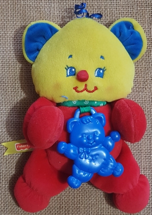Peluche chat ours jaune bleu et rouge Fisher Price