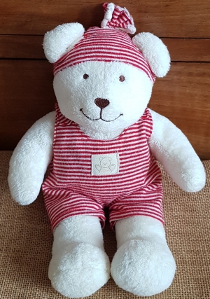 Peluche ours The Baby Collection blanc salopette rayée rouge Nicotoy, Baby Club