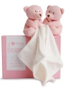 Duo d'ours rose tenant un mouchoir blanc *J'♥ mon doudou* - DC2917 Doudou et compagnie